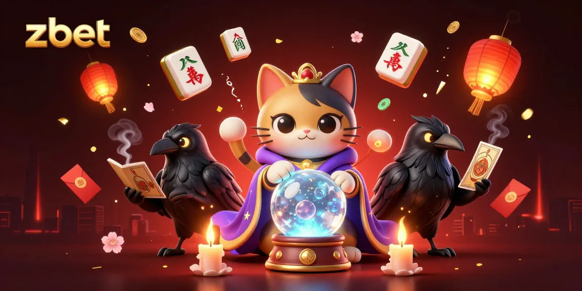 Experience zbet's thrilling visuals with a fortune teller cat, glowing raven, and dynamic casino elements.