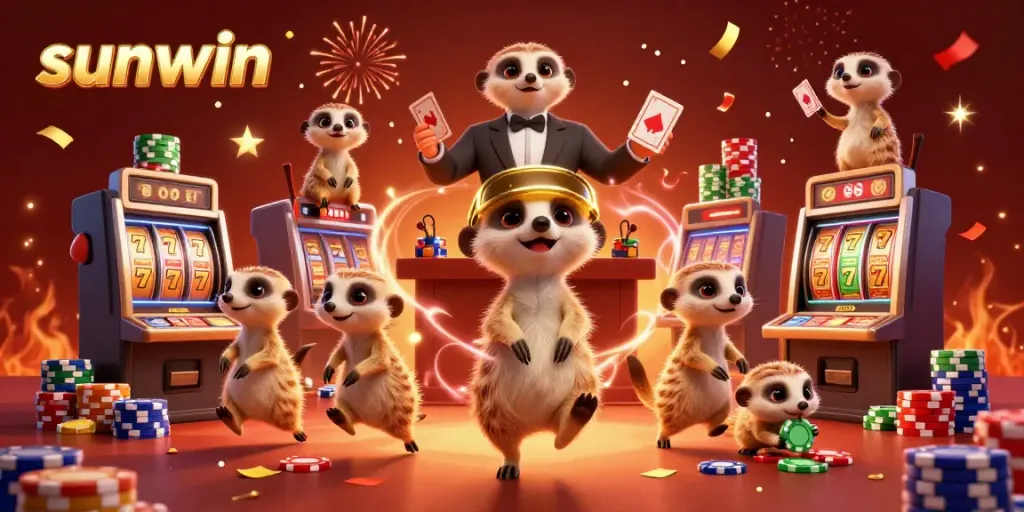 Engaging meerkats celebrate casino action in a vibrant sunwin-themed scene.