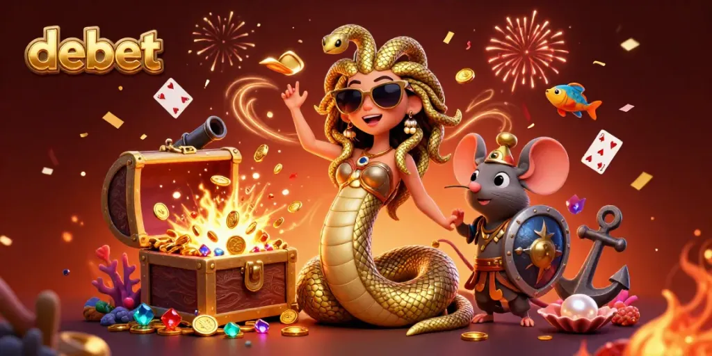 Play casino games on debet with a vibrant scene featuring Medusa, treasure, and excitement.