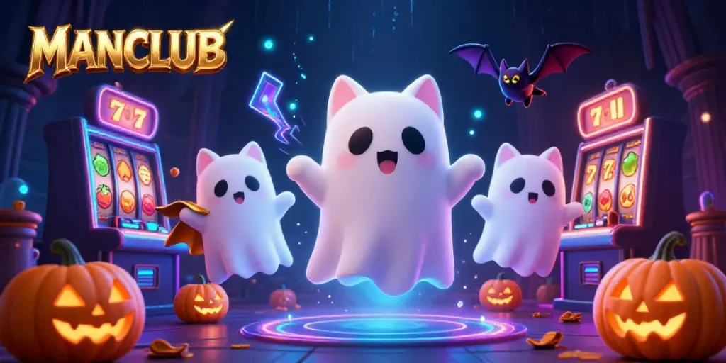 Engage with MANCLUB's thrilling haunted casino, featuring ghostly characters and vibrant slot elements.