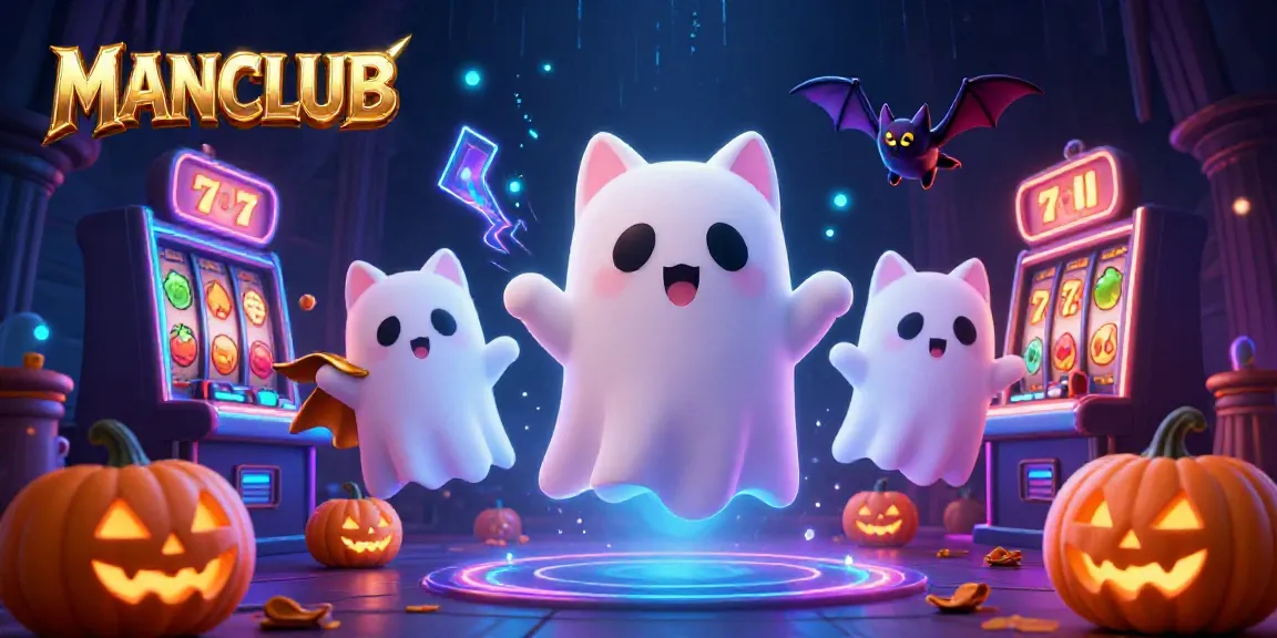 Engage with MANCLUB's thrilling haunted casino, featuring ghostly characters and vibrant slot elements.
