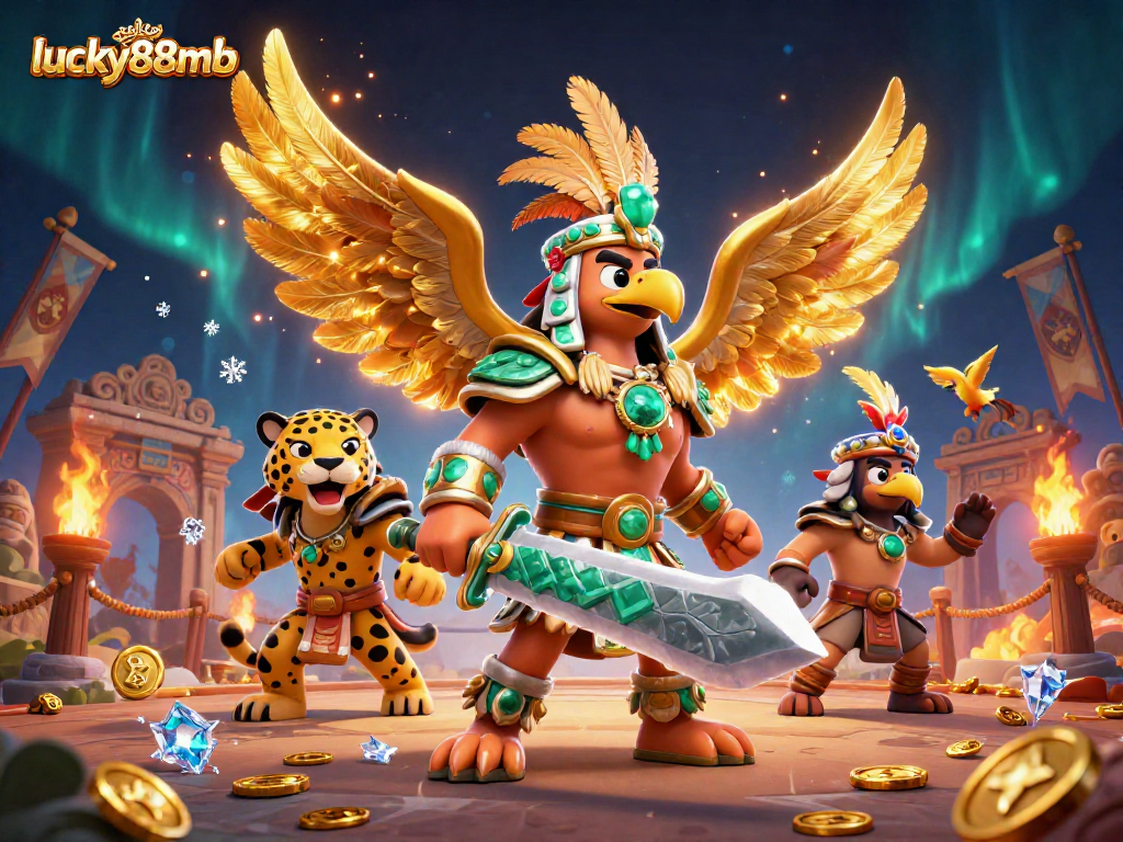 Engage in exhilarating gaming at lucky88mb with a vibrant scene featuring Aztec warriors, gold coins, and immersive casino elements.