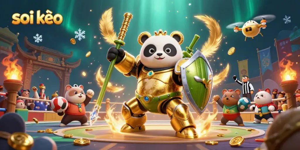 Exciting soi kèo scene featuring a golden panda and bamboo robot in a vibrant sports arena.