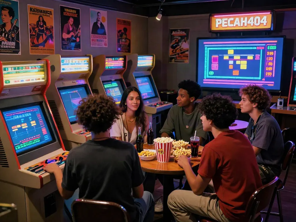 A group of friends enjoying PECAH404 arcade games in a vibrant retro setting, highlighting classic gaming nostalgia.