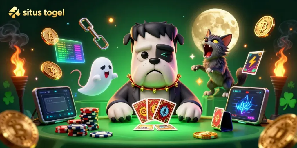 Experience thrilling moments with situs togel visuals showcasing a monster dealer at a spooky casino table.