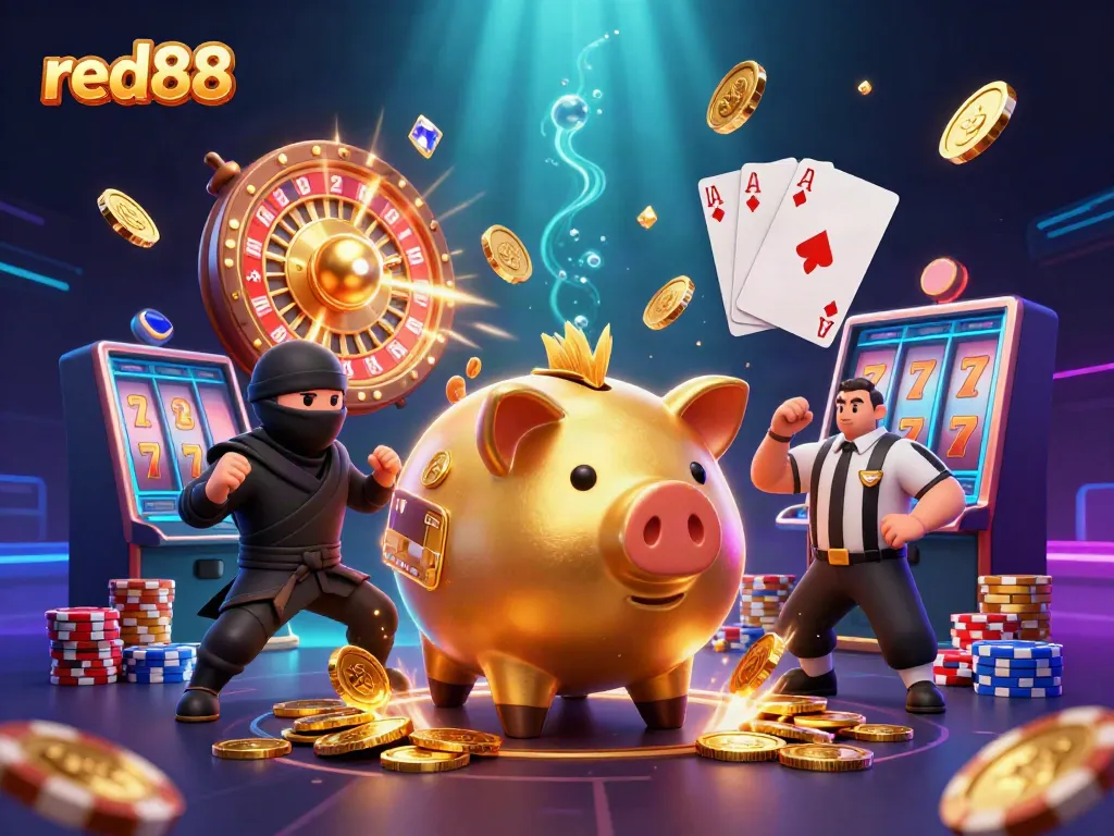 Engage in exciting gaming action with red88 featuring a golden piggy bank sumo wrestler and dynamic casino elements.
