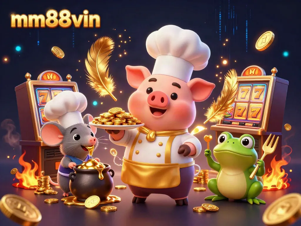 Engage with mm88vin's dynamic gaming scene featuring a chef pig, sous-chef mouse, and food critic frog amid gold coins and slot reels.