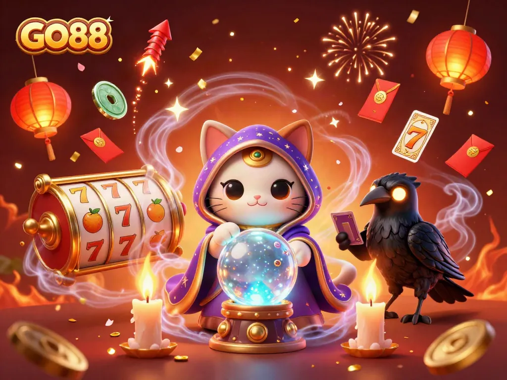 Engage with GO88 through a vibrant, casino-themed illustration featuring magical characters and lively game elements.