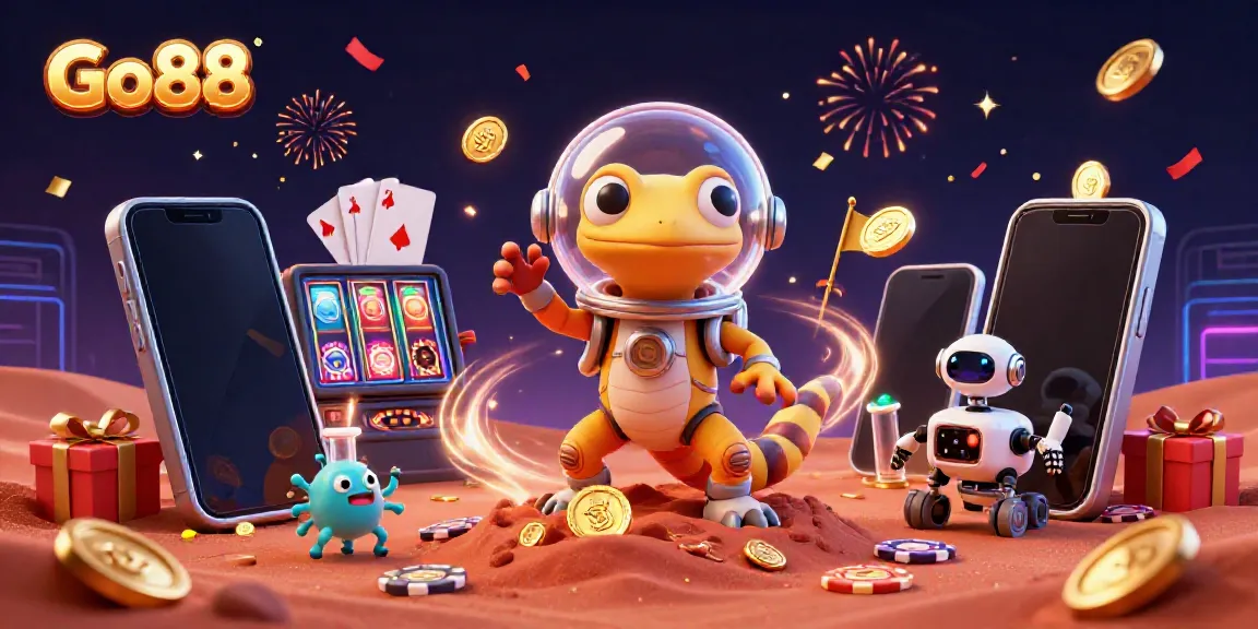 Experience the vibrant, winning world of Go88 through a Martian gecko and dynamic casino elements.