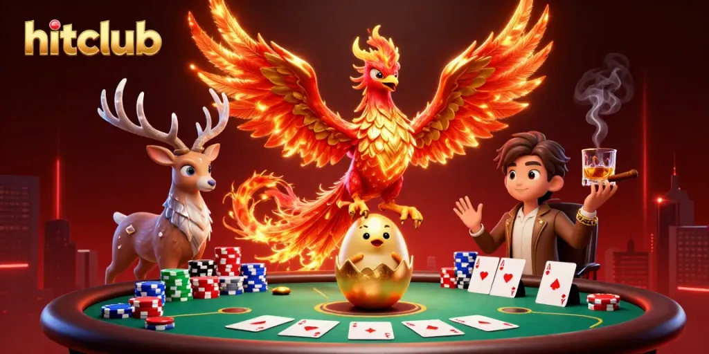 Experience the vibrant world of hitclub with a phoenix and gaming elements in an exciting casino scene.