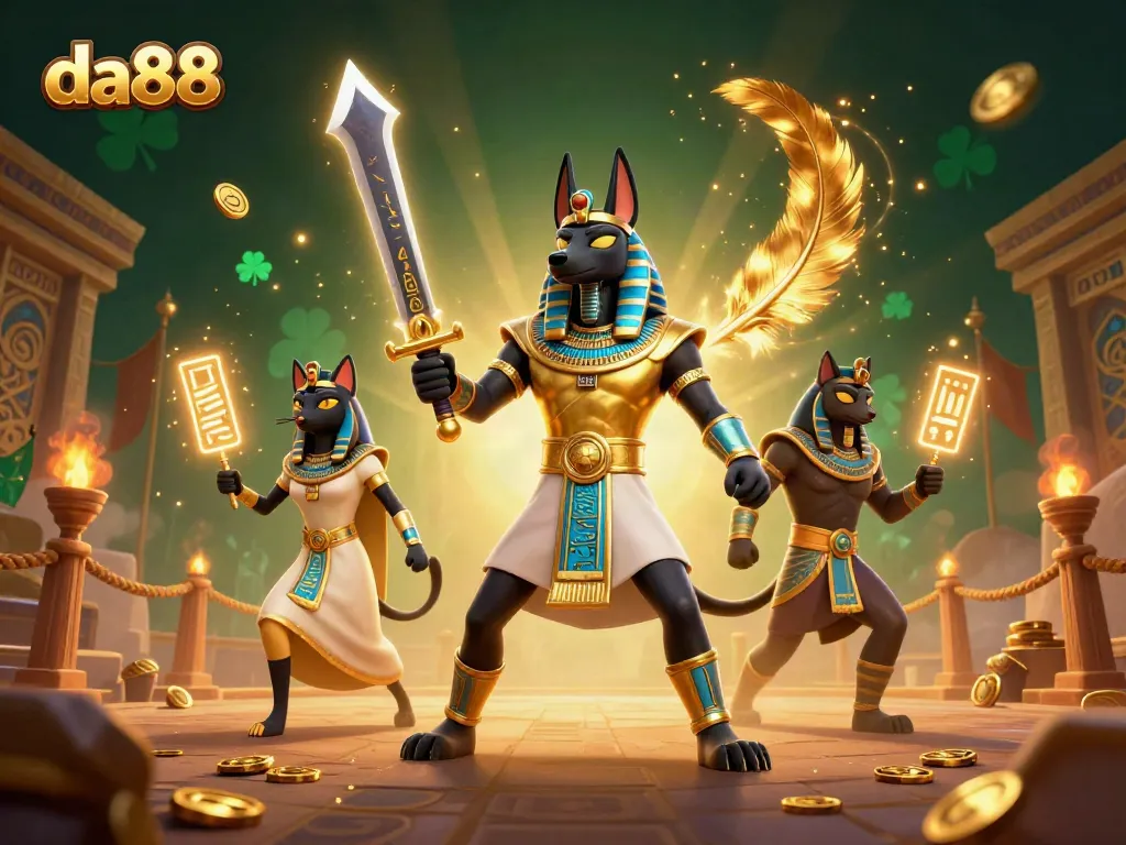 Engage with da88 in a vibrant 3D casino scene featuring ancient Egyptian elements and thematic game symbols.