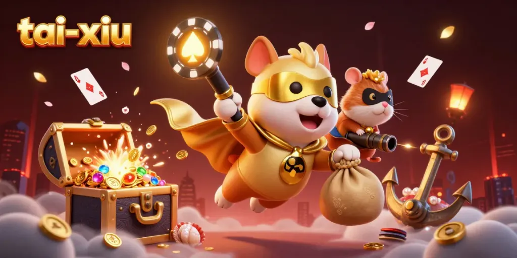 Experience the excitement of tai-xiu with a superhero dog and hamster among gold coins and poker chips.