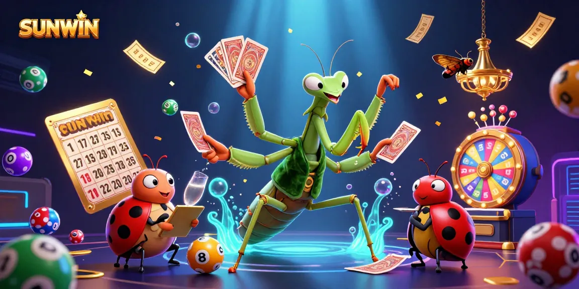 SUNWIN showcases a vibrant scene of a giant mantis dealing cards, a ladybug pit boss, and dynamic gaming elements.