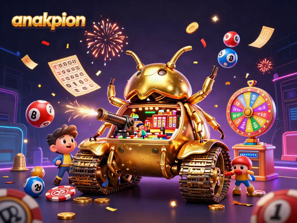 Experience the excitement of anakpion with this vibrant casino-themed 3D illustration showcasing lottery balls and confetti.