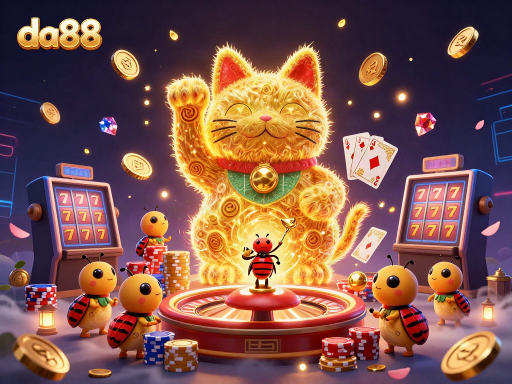 Engage in thrilling betting action with da88's vibrant casino illustration showcasing a lucky cat and dazzling game elements.