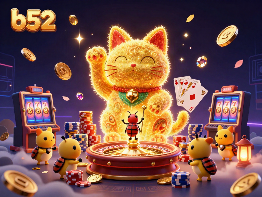 Engage with the exciting b52 casino scene featuring a lucky cat and vibrant gaming elements.