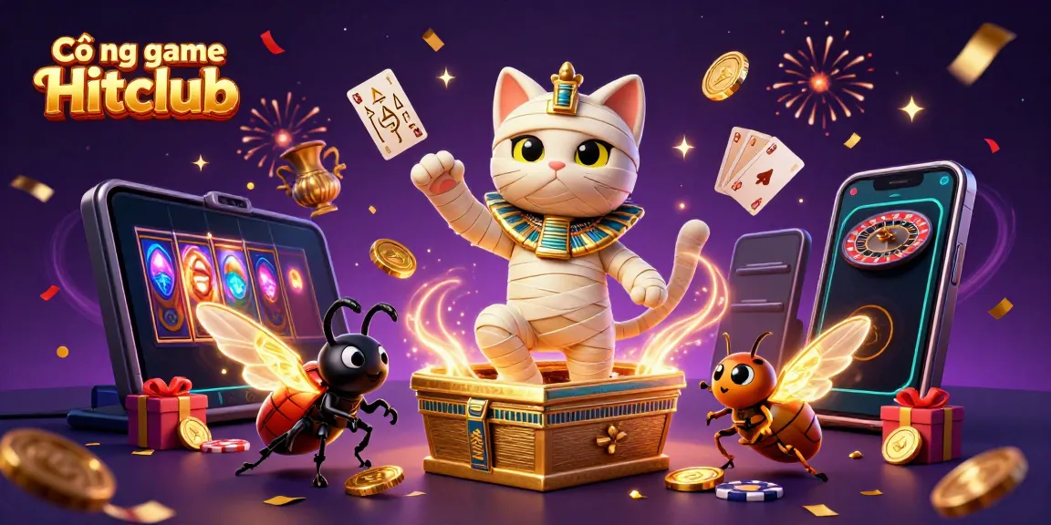 Experience the excitement of Cổng game Hitclub with a vibrant 3D illustration featuring games, coins, and magical elements.