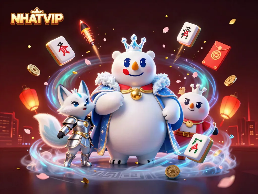 Experience NHATVIP's festive ambiance with vibrant team of characters among glowing casino elements.