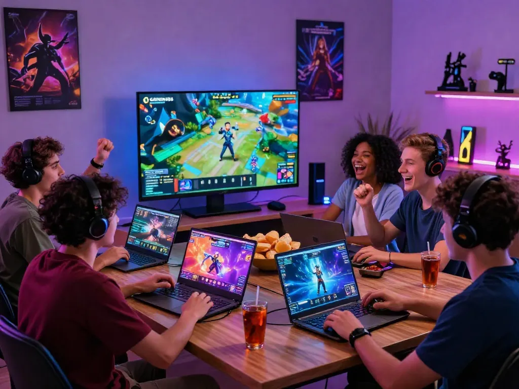 Friends enjoying gaming on GARUDA404 platform with vibrant game displays.