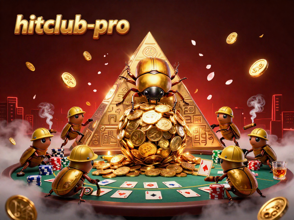 Experience hitclub-pro as golden beetles navigate a vibrant casino landscape filled with poker excitement.