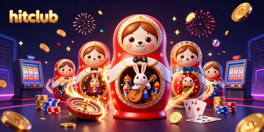 Join the excitement at hitclub with vibrant 3D casino illustrations showcasing roulette, cards, and celebratory elements.