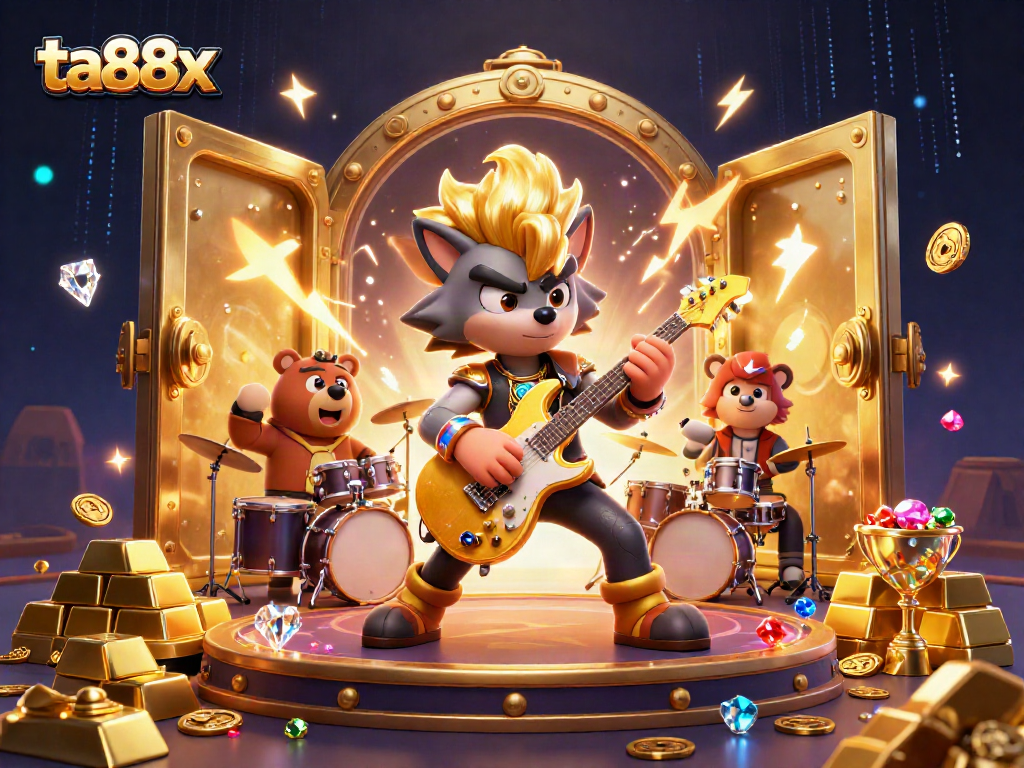 Join the excitement at ta88x with a cartoon rock star wolf and drummer bear on a vibrant casino stage.