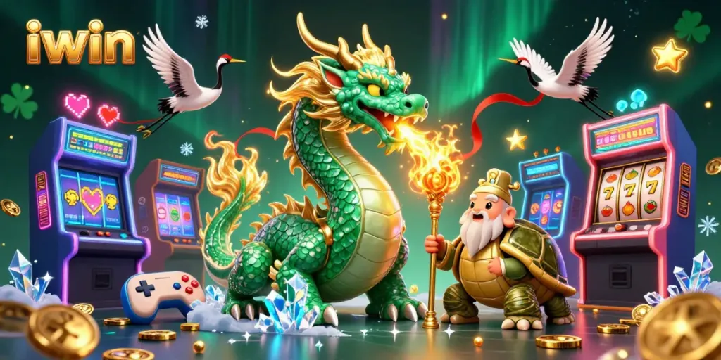 iwin casino artwork showcasing an emerald dragon with golden fire and slot machine elements.