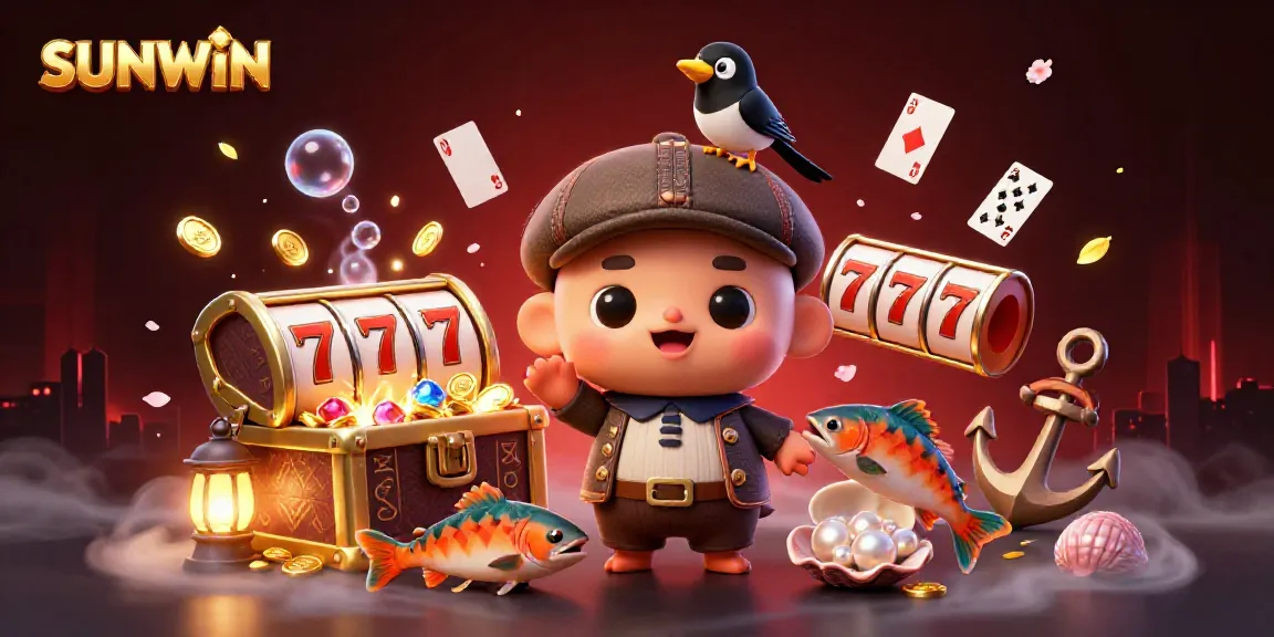 SUNWIN slots scene featuring cartoon Nessie surrounded by vibrant gaming elements and gold treasures