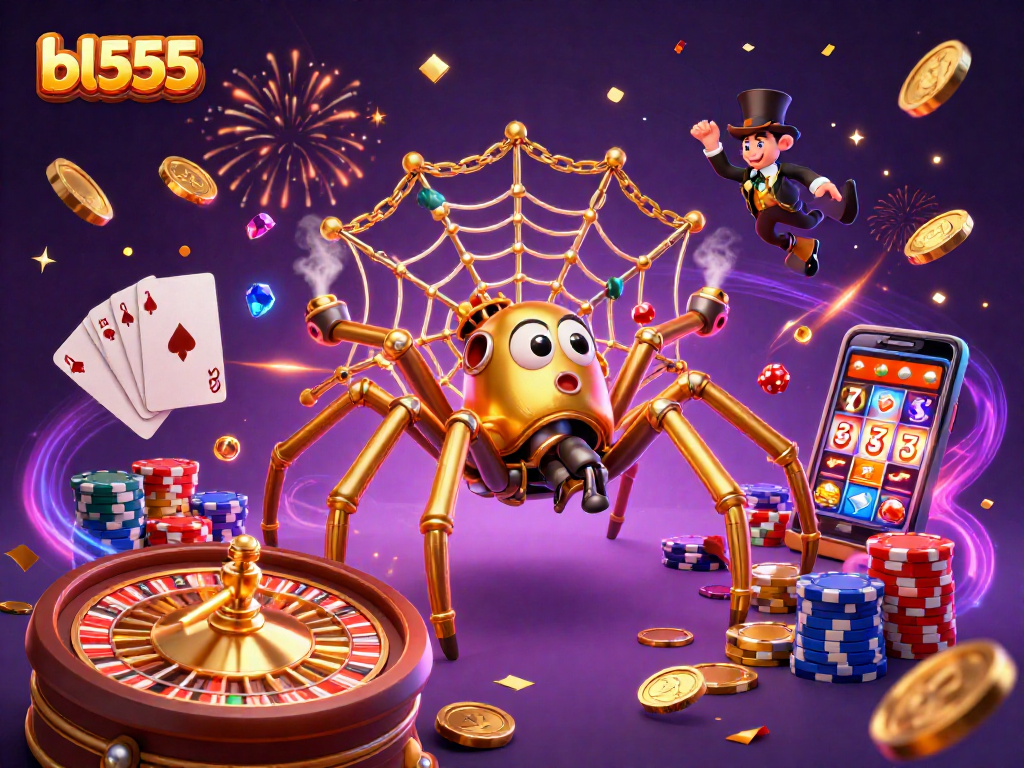 Experience thrilling gaming action with bl555's 3D casino scene featuring vibrant elements.