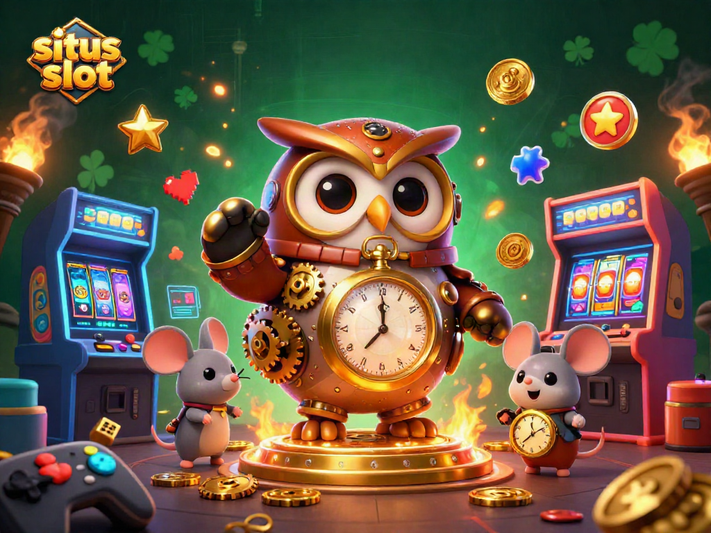 Immerse in situs slot excitement with a steampunk owl and engaging gaming elements.