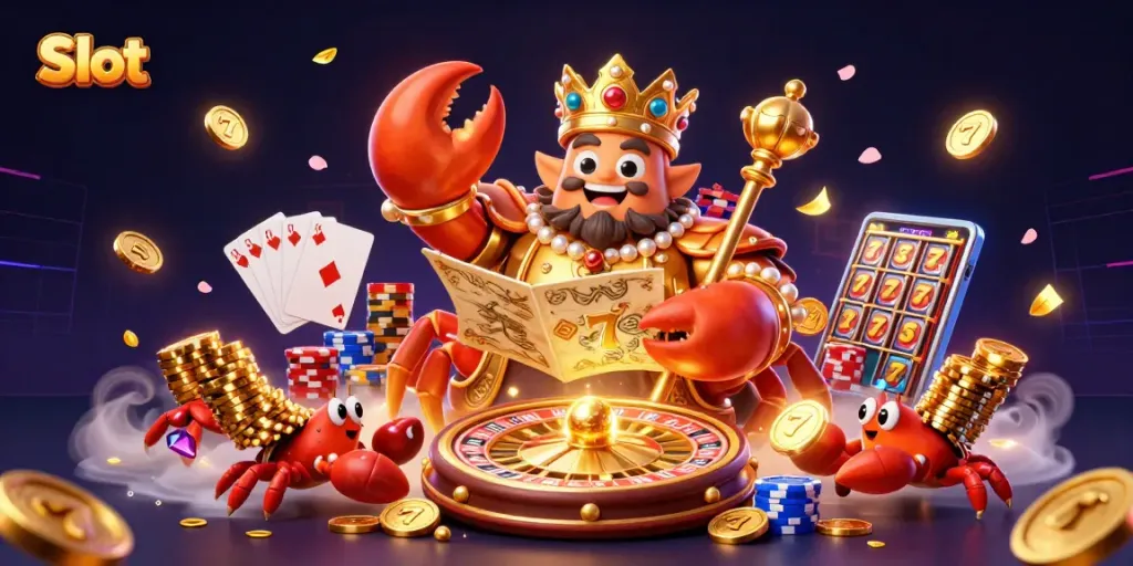 Spin slots with the golden crab emperor amidst cascading coins and lucky 7s in a vibrant casino scene.