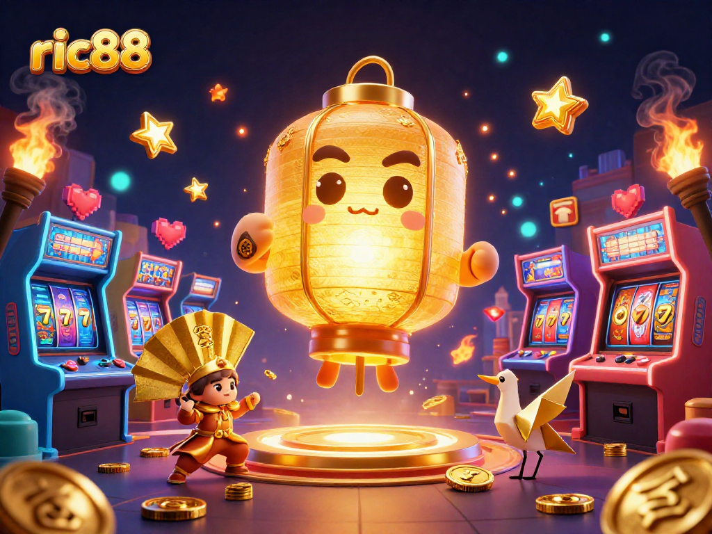 Experience the vibrant energy of ric88 with a golden lantern spirit illuminating a lively casino scene.