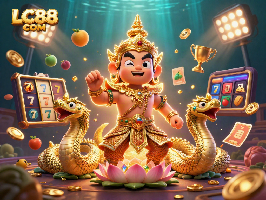 Play exciting slots at LC88 COM with vibrant gold visuals of gameplay elements and guardians.