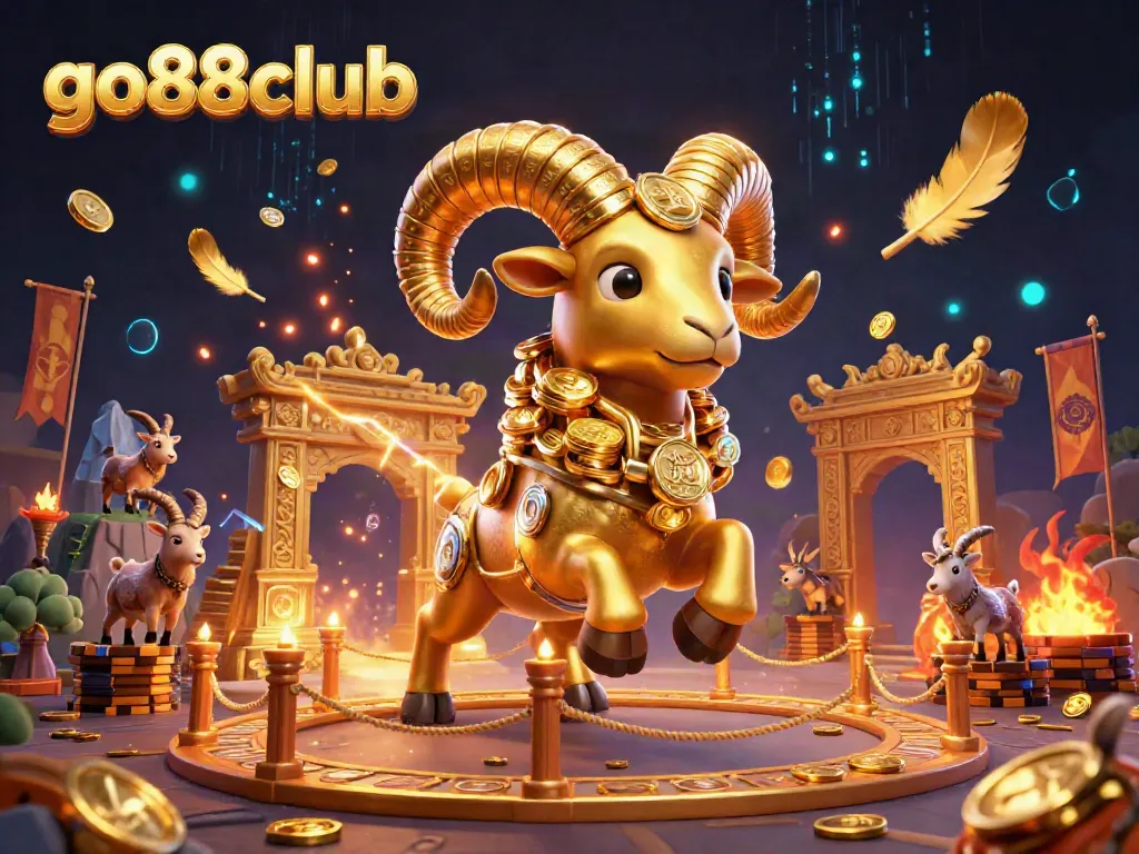 This vibrant illustration showcases the go88club's thrilling online gaming universe with a golden ram charging through a gate.