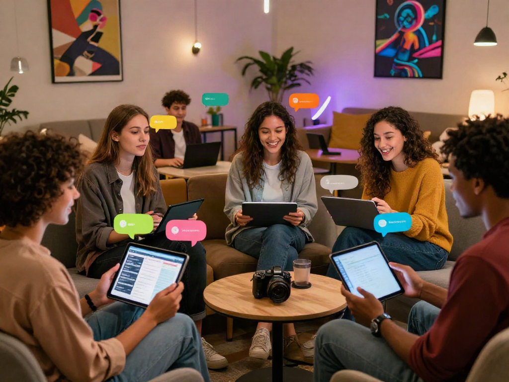 Group of friends engaging in an nsfw chat in a modern virtual lounge.