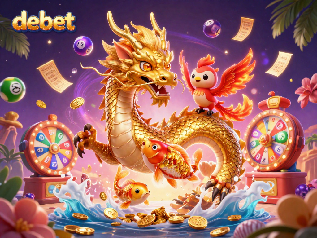 Join the excitement of debet with vibrant lottery balls, golden tickets, and a dragon in a lively casino scene.