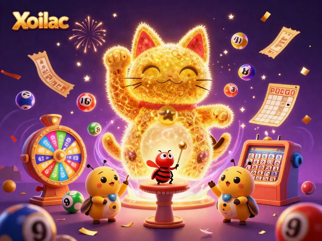 Xoilac showcases an energetic casino scene with colorful elements, featuring a golden lucky cat and conducting beetle.