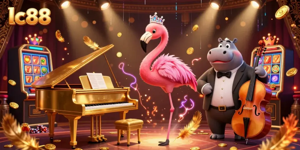 Experience the thrill at lc88 with our vibrant casino illustration showcasing a flamingo singer and hippo bassist amidst dynamic gambling elements.
