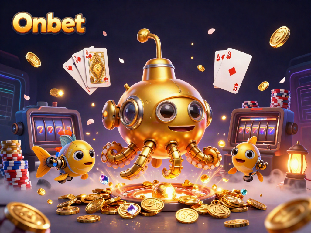 Spin and win with Onbet's golden kraken and treasures in this vibrant casino scene.