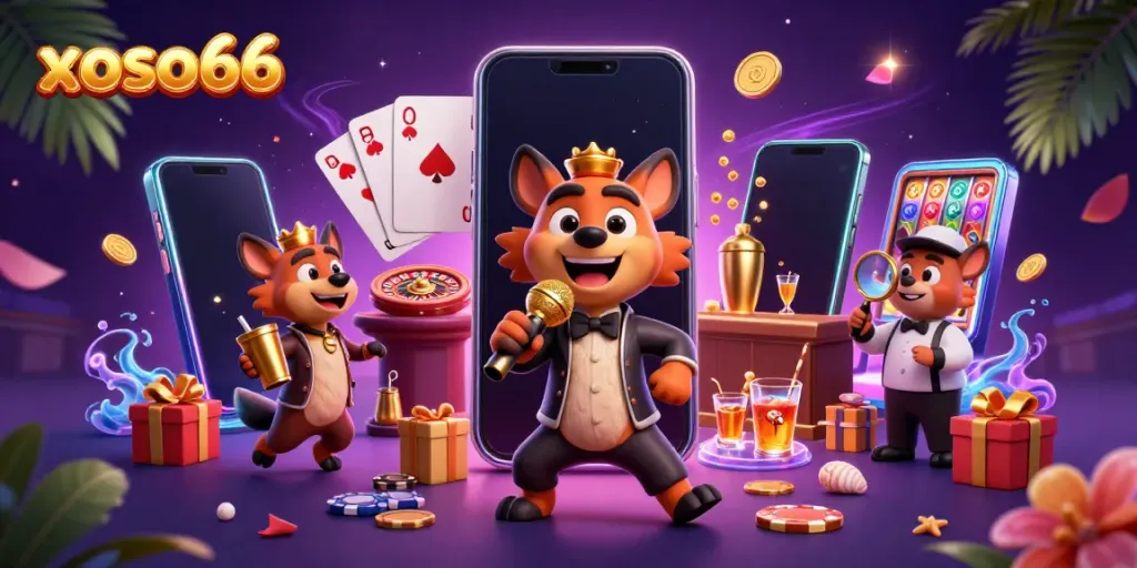 Experience the lively comedy casino scene of xoso66 with hyenas and thrilling gaming elements.