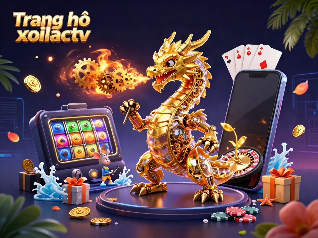 Experience the thrill with Trang chủ xoilactv featuring a golden dragon and exciting gambling elements.