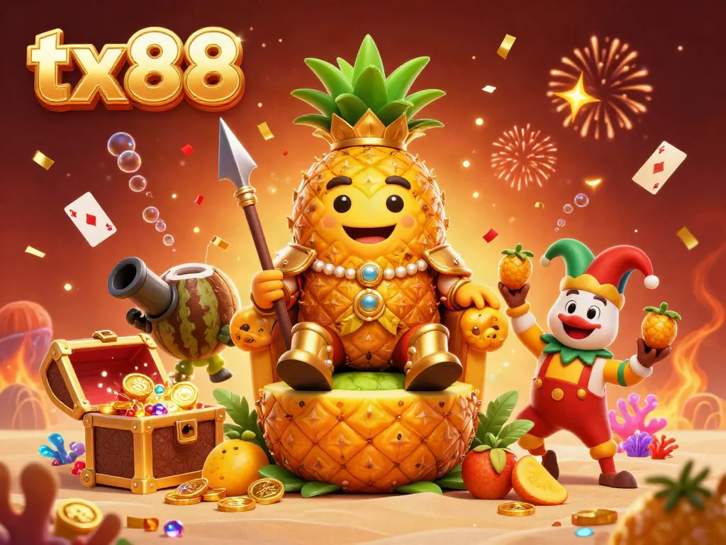 Experience the vibrant fun at tx88 casino with a whimsical illustration of gaming characters and treasures.