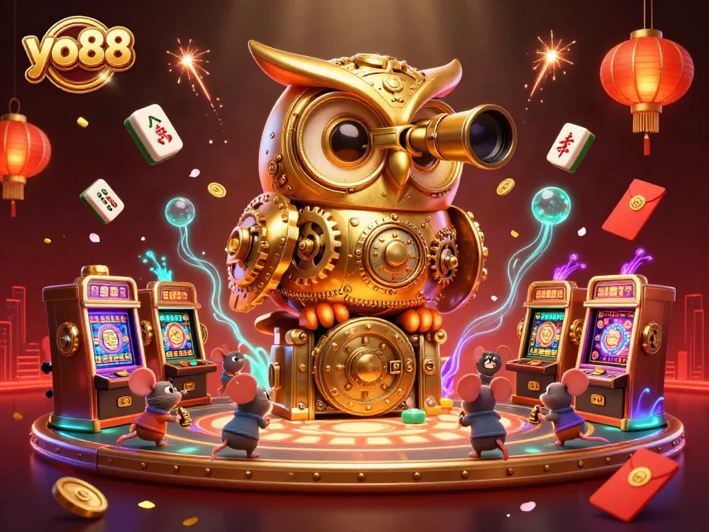yo88 showcases a whimsical scene with a clockwork owl and mini mice amidst vibrant casino elements.