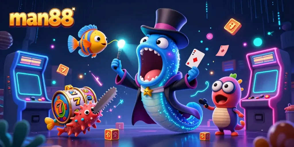 man88 showcases fun slot machine magic with a glowing eel magician and vibrant casino elements