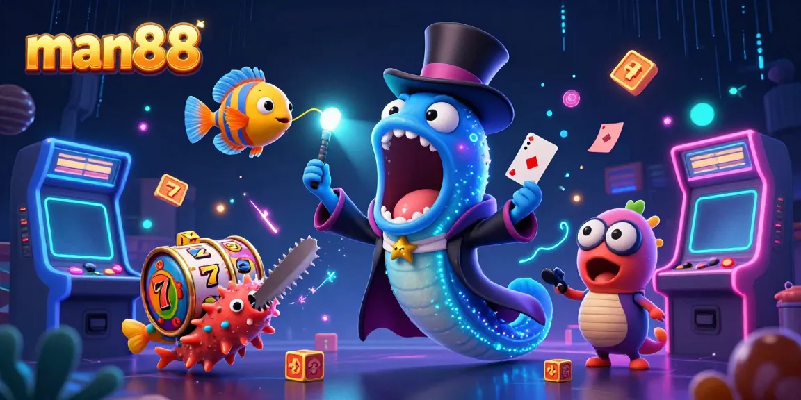 man88 showcases fun slot machine magic with a glowing eel magician and vibrant casino elements