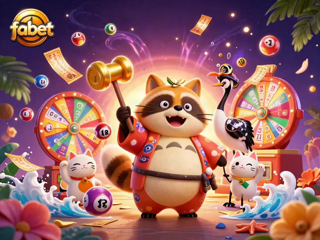 Fabet players engage in lottery excitement with colorful elements and characters celebrating winnings.