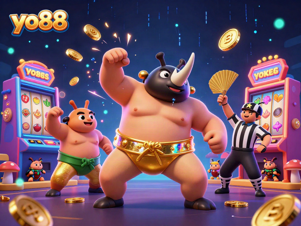Experience thrilling gameplay with yo88 as a rhinoceros beetle sumo champion stomps and sends coins flying.