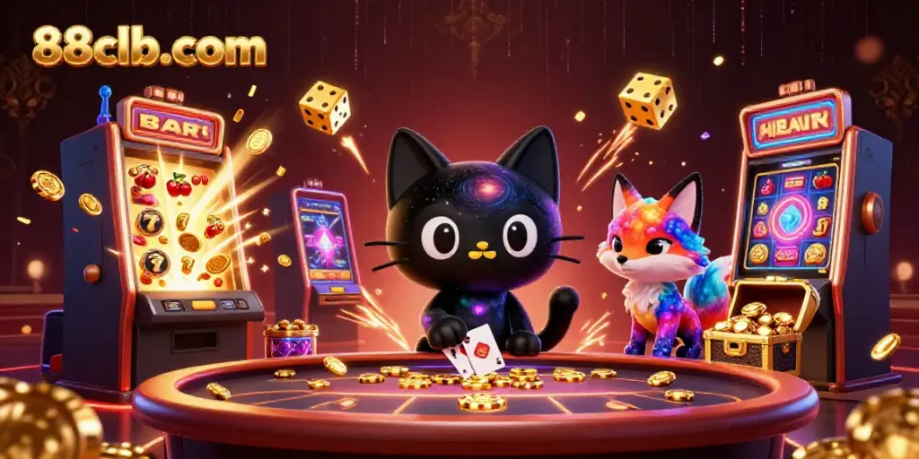 Experience thrilling gameplay at 88clb-com with animated casino characters and vibrant slot machines.