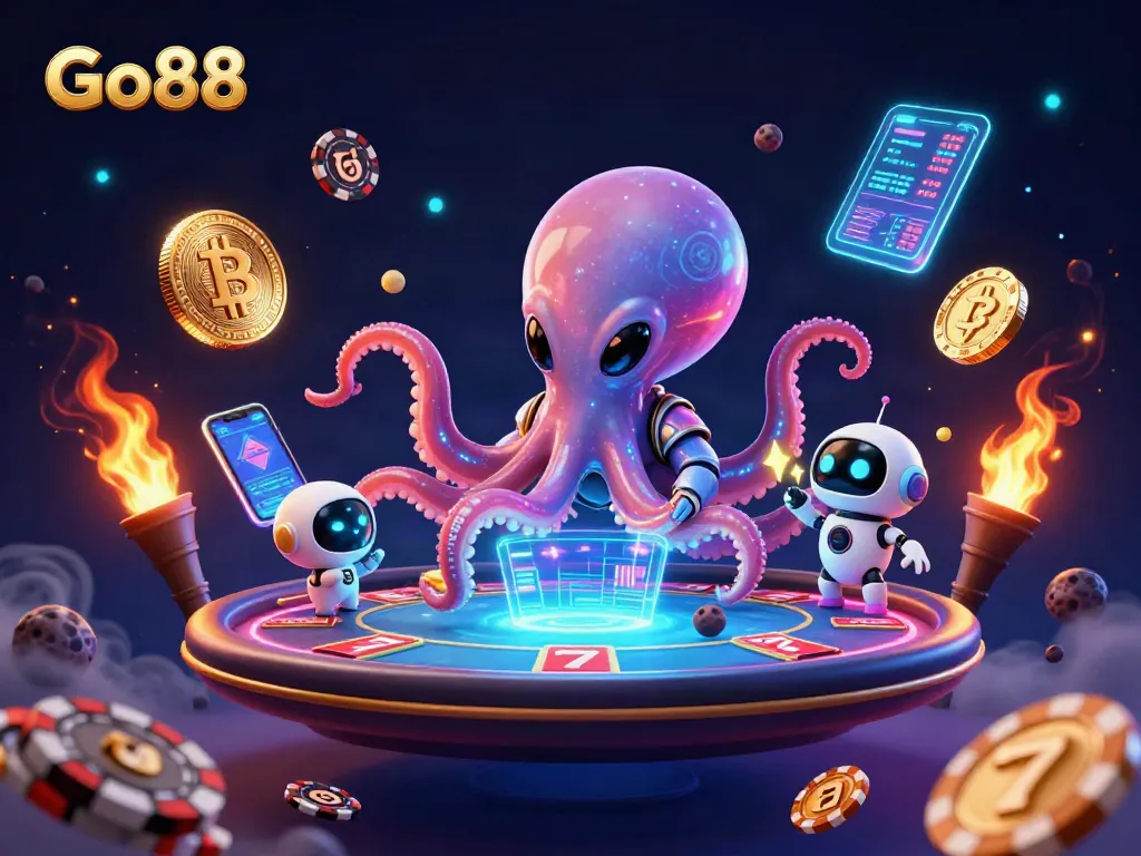 Join thrilling Go88 gaming action with an alien octopus dealer and energetic robots in a vibrant casino atmosphere.