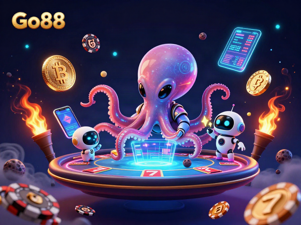 Join thrilling Go88 gaming action with an alien octopus dealer and energetic robots in a vibrant casino atmosphere.